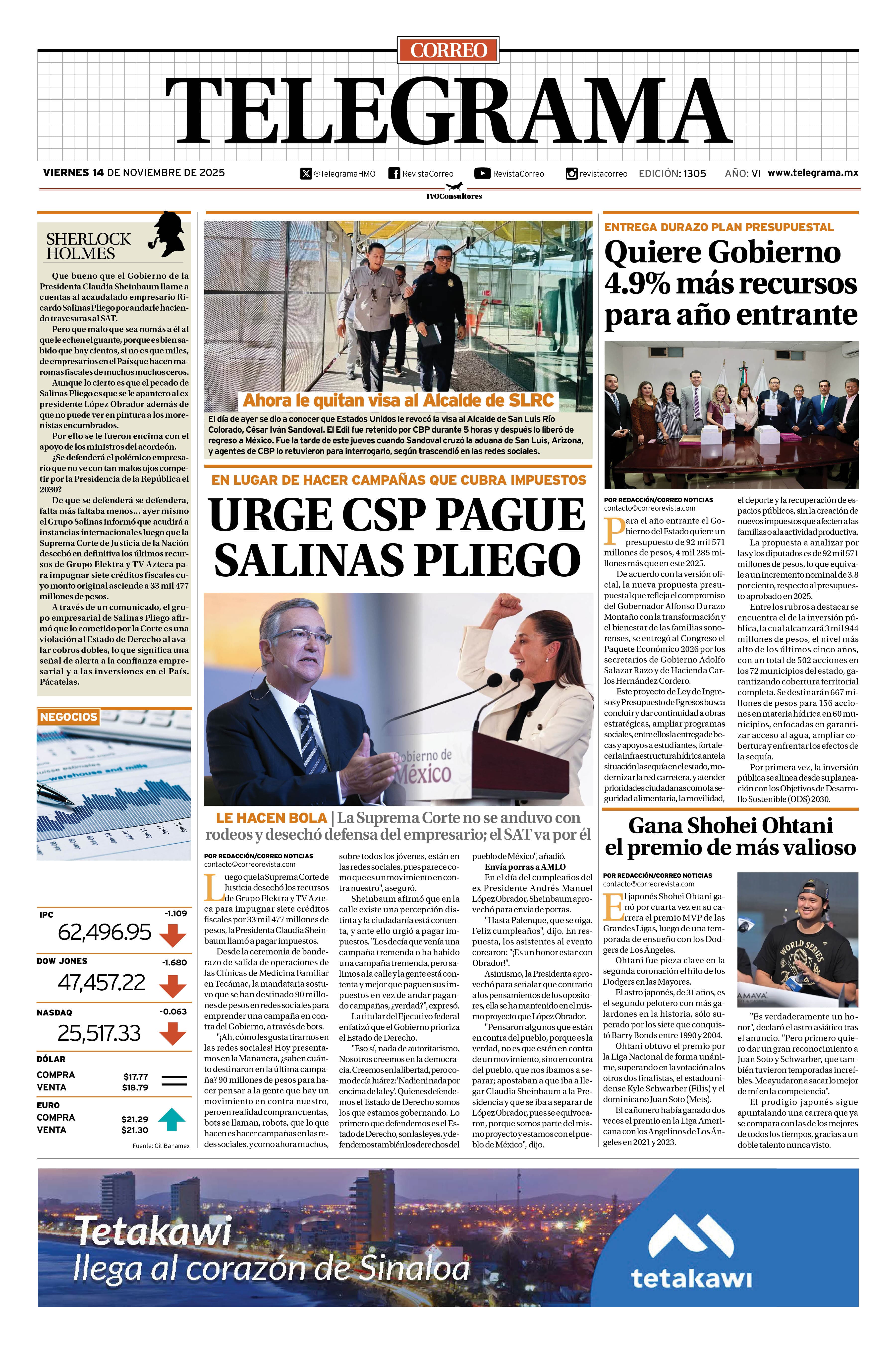 Portada de la edición TELEGRAMA 1305