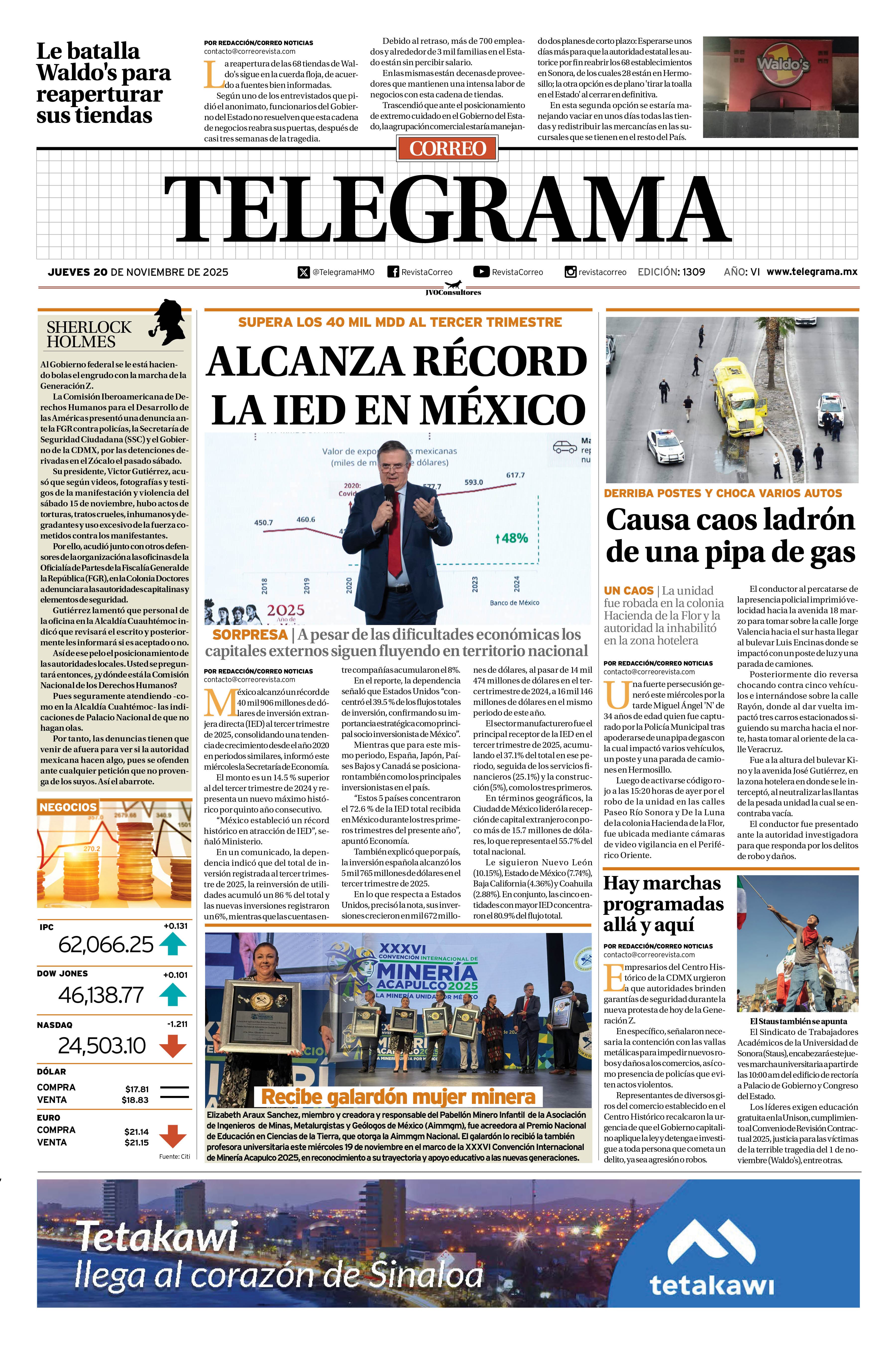 Portada de la edición TELEGRAMA 1309