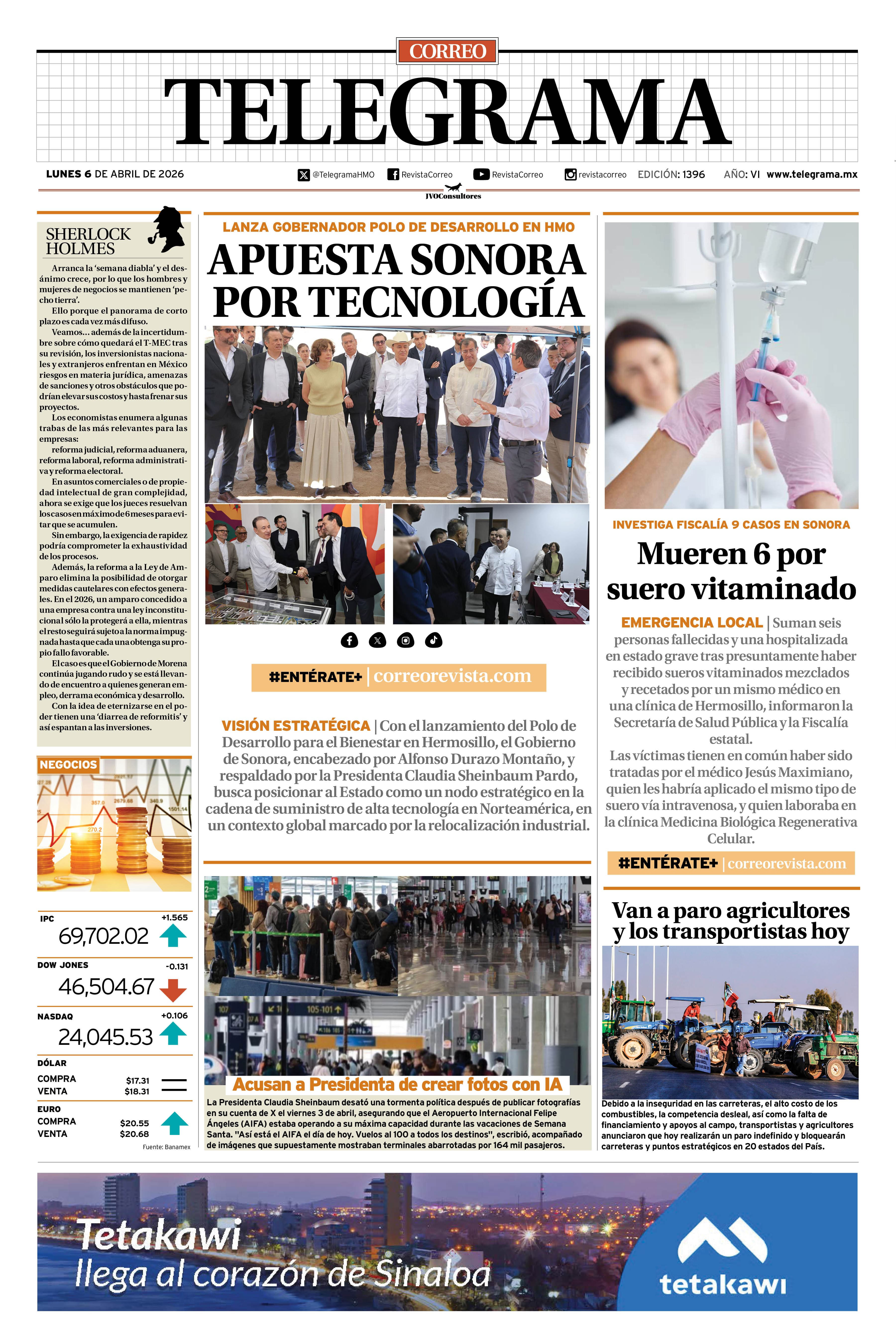 Portada de la edición TELEGRAMA 1396