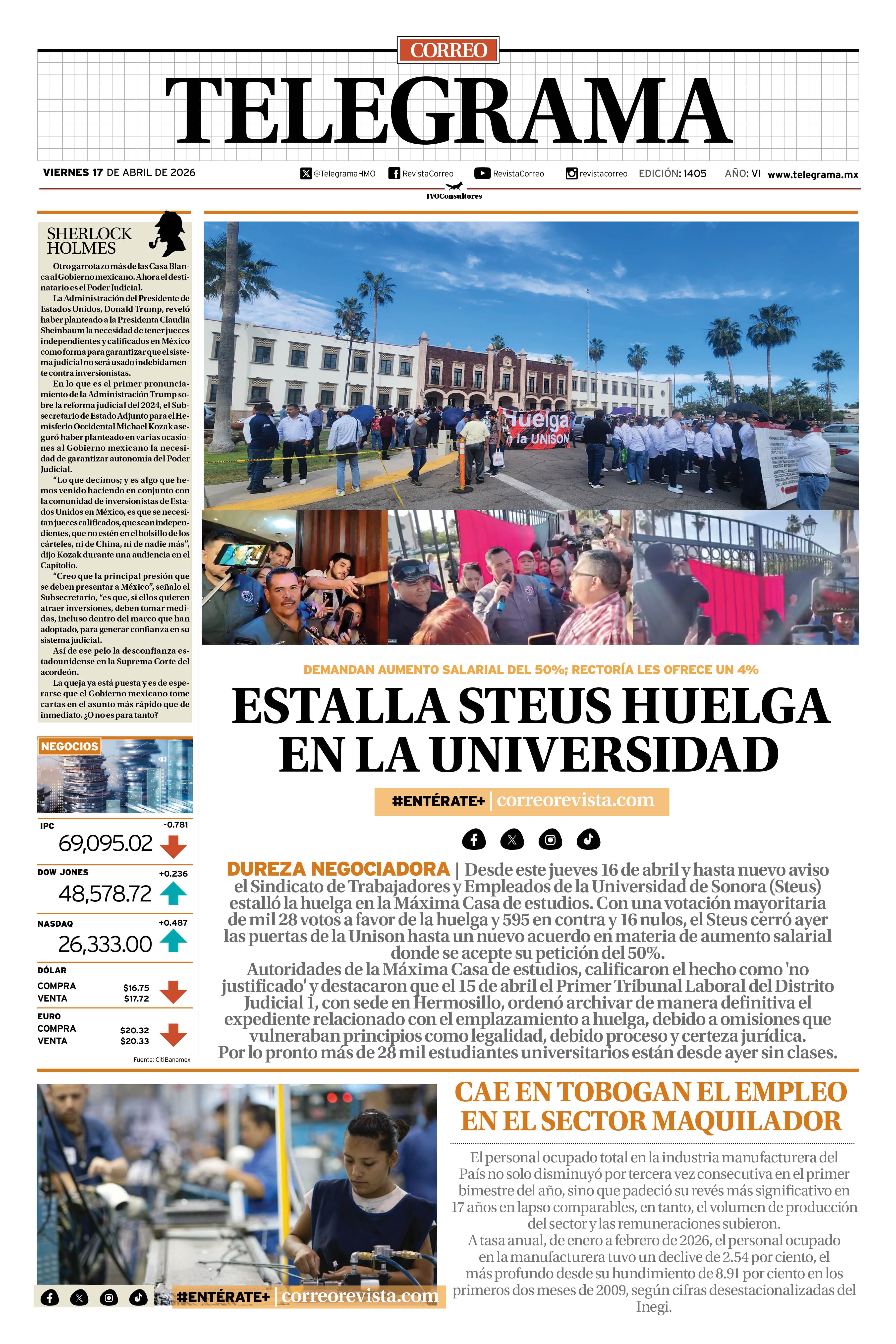 Portada de la edición TELEGRAMA 1405
