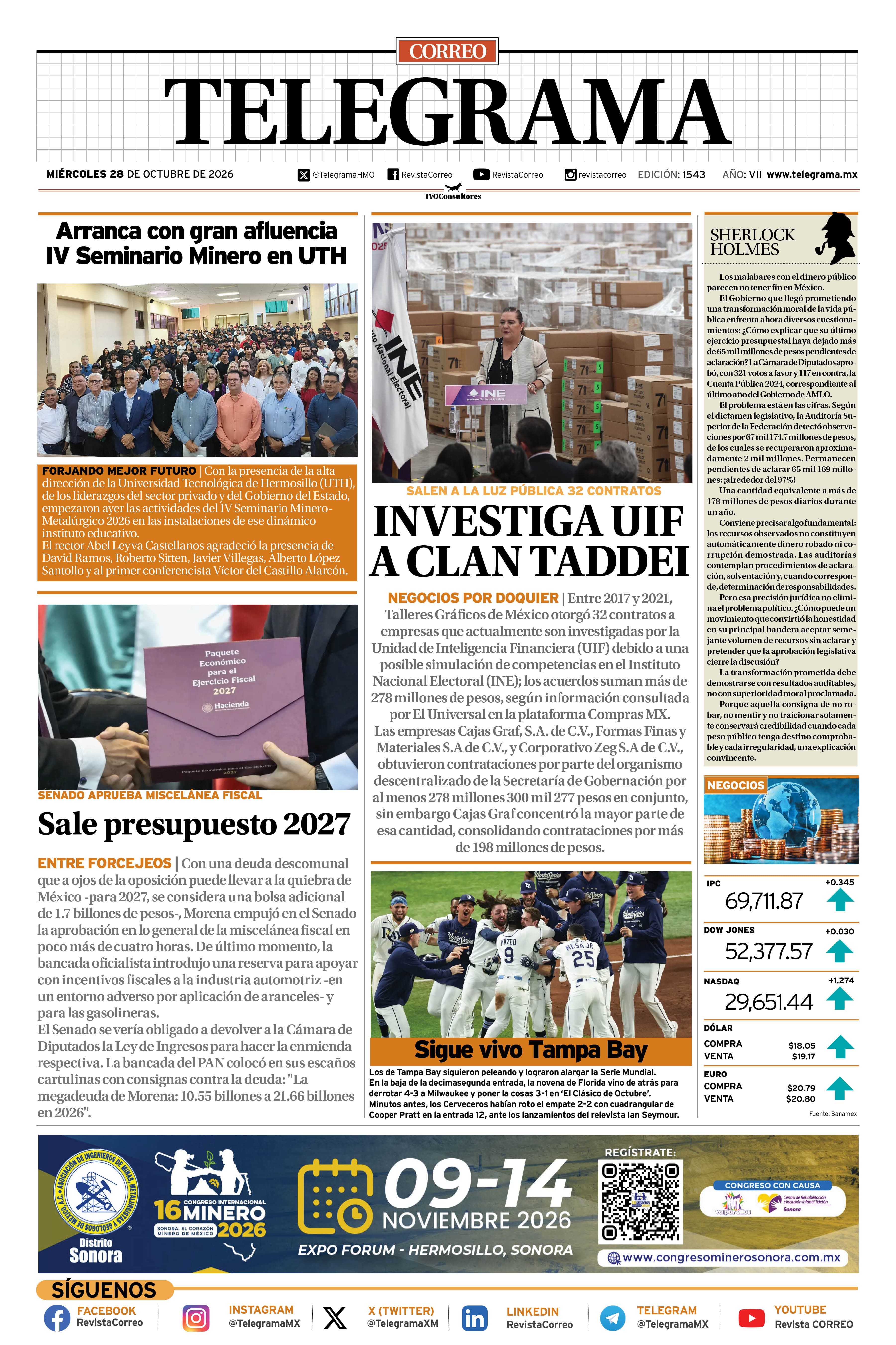 Portada de la edición TELEGRAMA 1543
