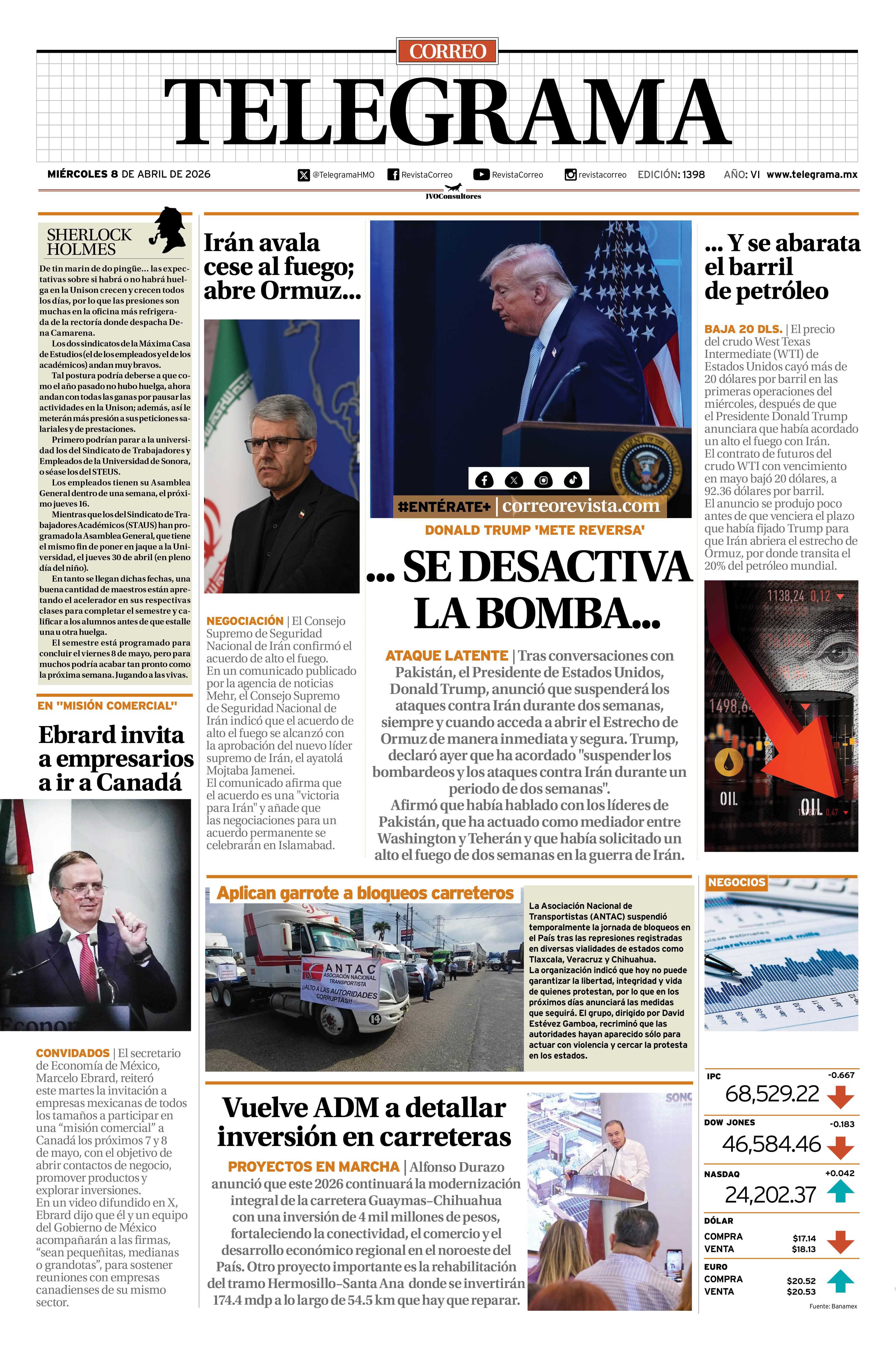 Portada de la edición TELEGRAMA 1398