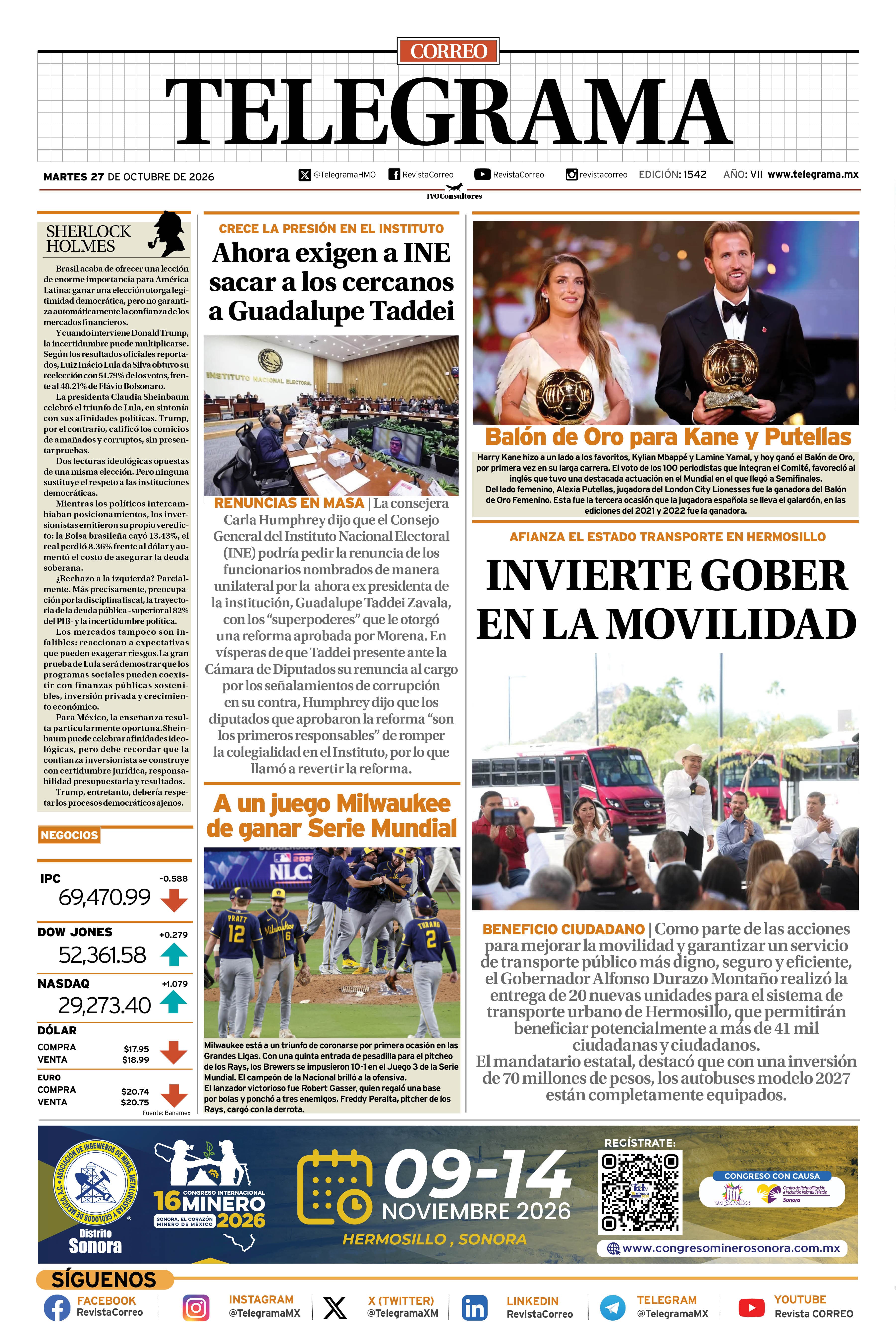 Portada de la edición TELEGRAMA 1542